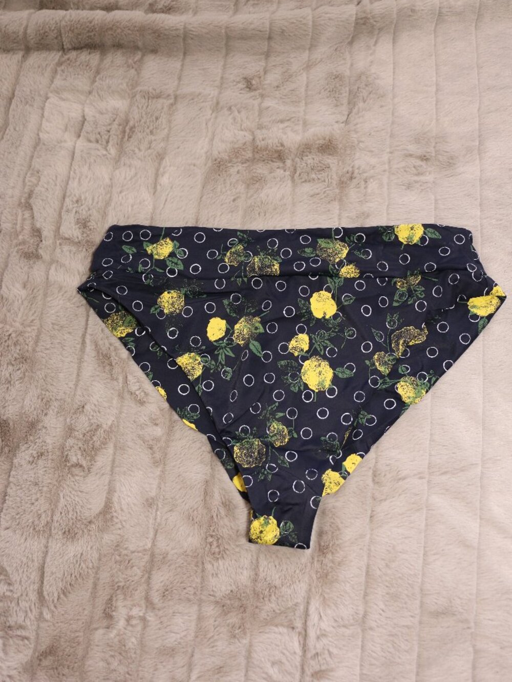 RVCA Women’s High Rise Cheeky Bikini Bottom Navy Blue Lemon Print Size L 🍋💙